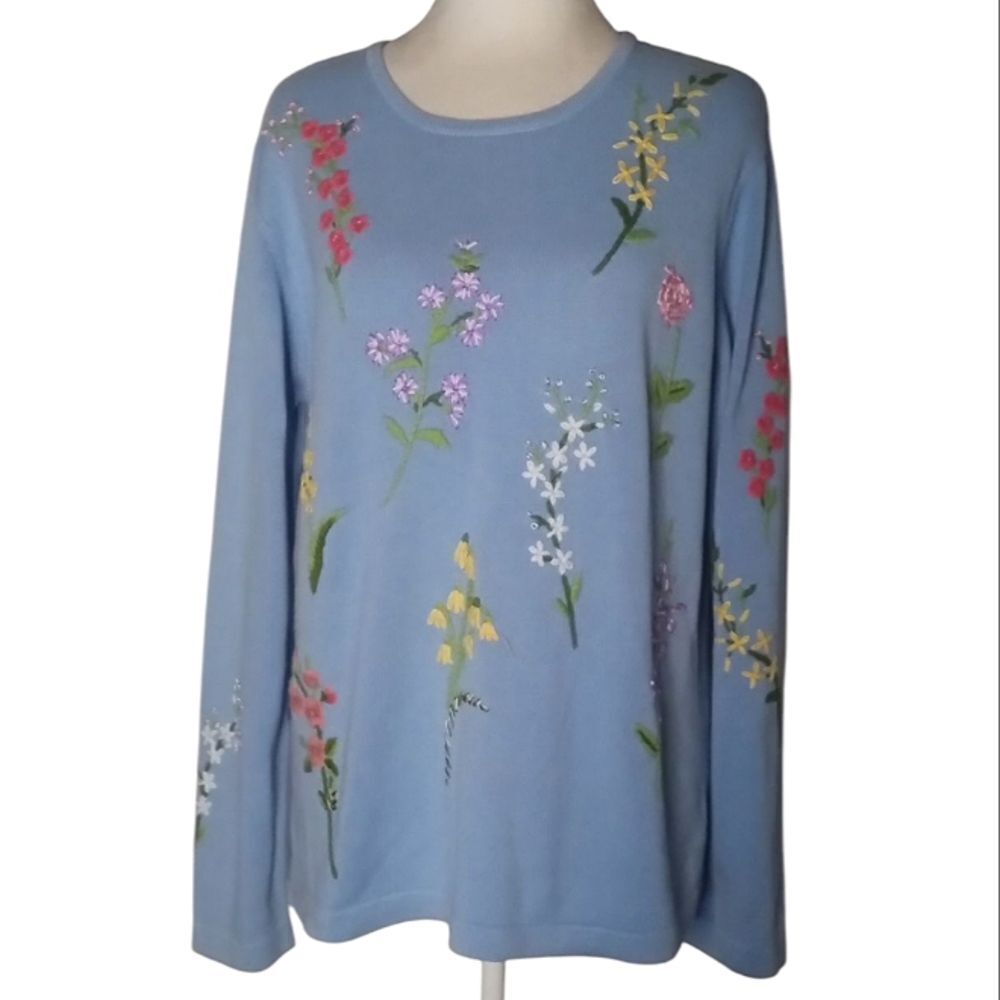The Quacker Factory Blue All Over Floral Embroidered Cotton Blend Sweater Large